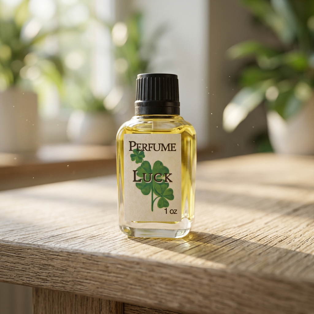 Close-up of 1oz Luck perfume bottle with sleek transparent glass, metallic cap, set on natural wood with sunlight and greenery in background.