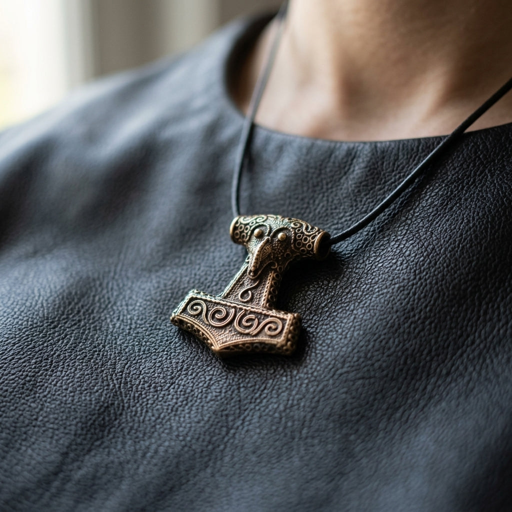 Macro shot of bronze Thor's Hammer Necklace with raven's head detail on dark leather, highlighting craftsmanship and texture.