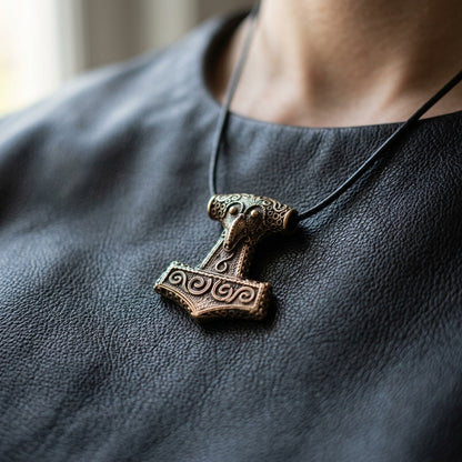 Macro shot of bronze Thor's Hammer Necklace with raven's head detail on dark leather, highlighting craftsmanship and texture.