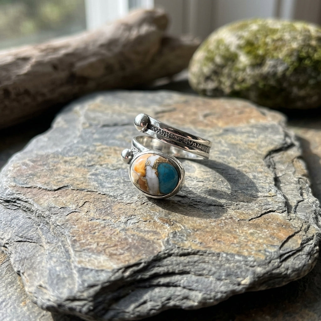 Close-up of size 6 turquoise spiny oyster ring on natural stone, highlighting silver coil setting and intricate details.