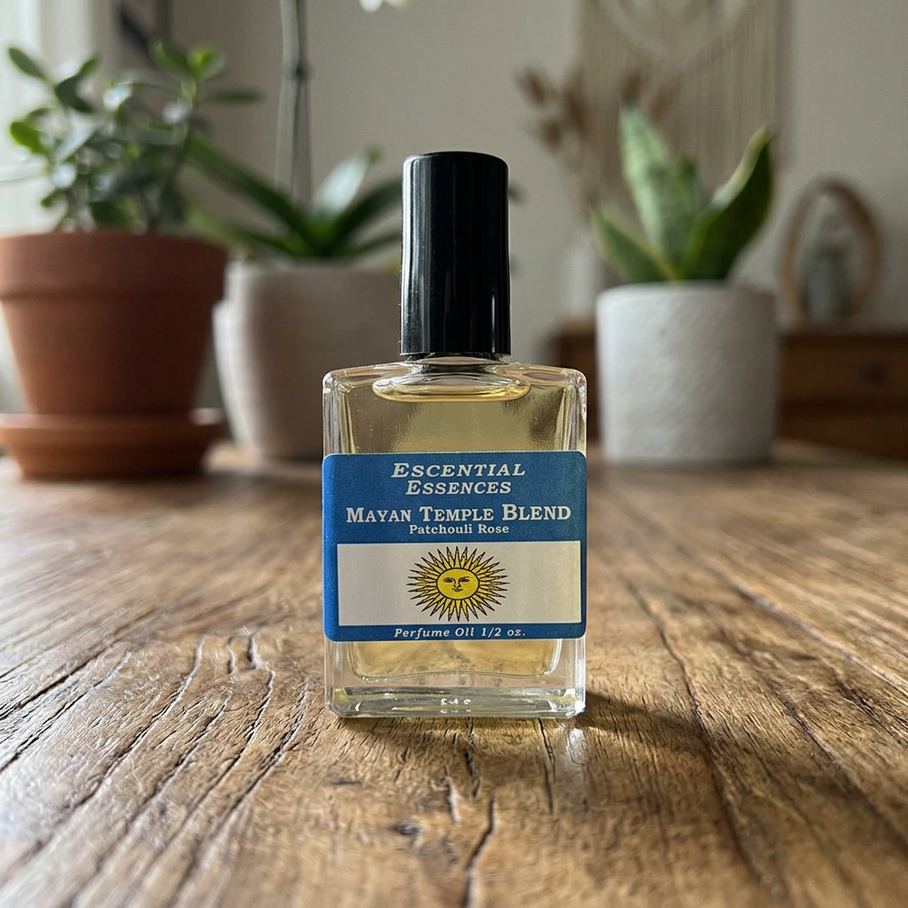 Close-up of the tiny Mayan Temple perfume oil bottle showcasing intricate label and glass micro-texture on a wooden table with natural light.