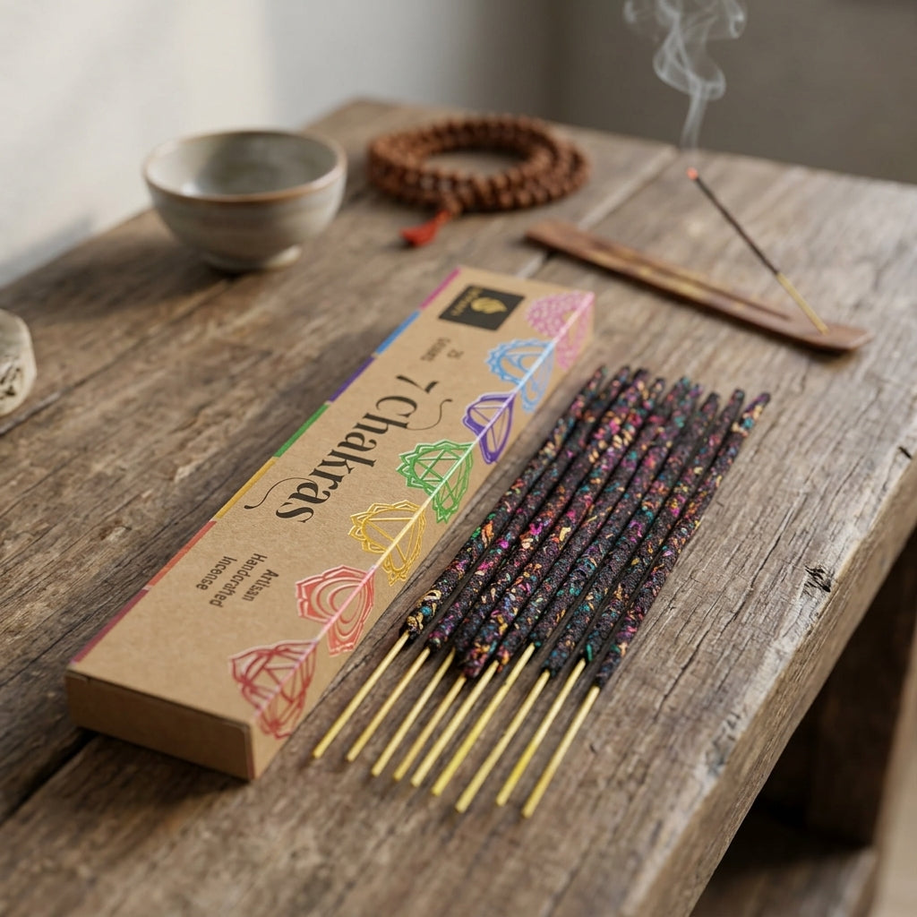 Close-up of a 7 Chakra incense stick held between fingers, showing herbal textures, with a blurred wooden altar in warm earthy tones.