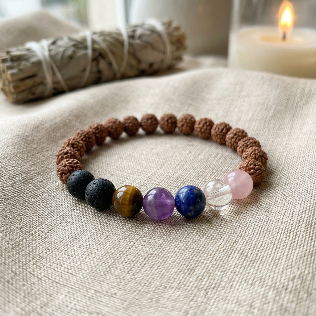 Highly detailed macro photograph of a 7th Chakra Rudraksha bracelet on neutral textured fabric, emphasizing beads' natural grains and craftsmanship.