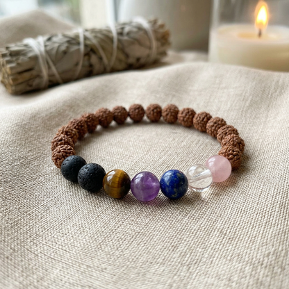 Highly detailed macro photograph of a 7th Chakra Rudraksha bracelet on neutral textured fabric, emphasizing beads' natural grains and craftsmanship.