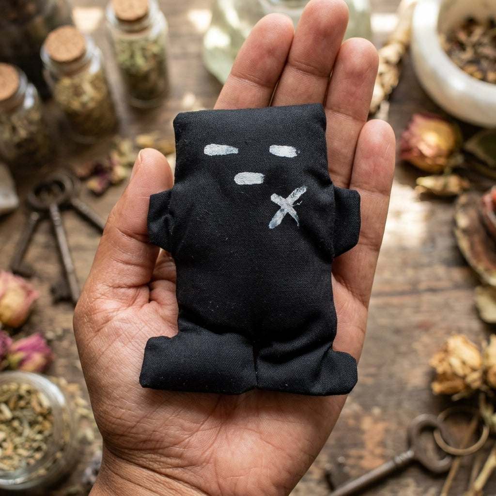 Detailed close-up of small black fabric voodoo doll on linen cloth in cozy ritual setting with soft natural light.