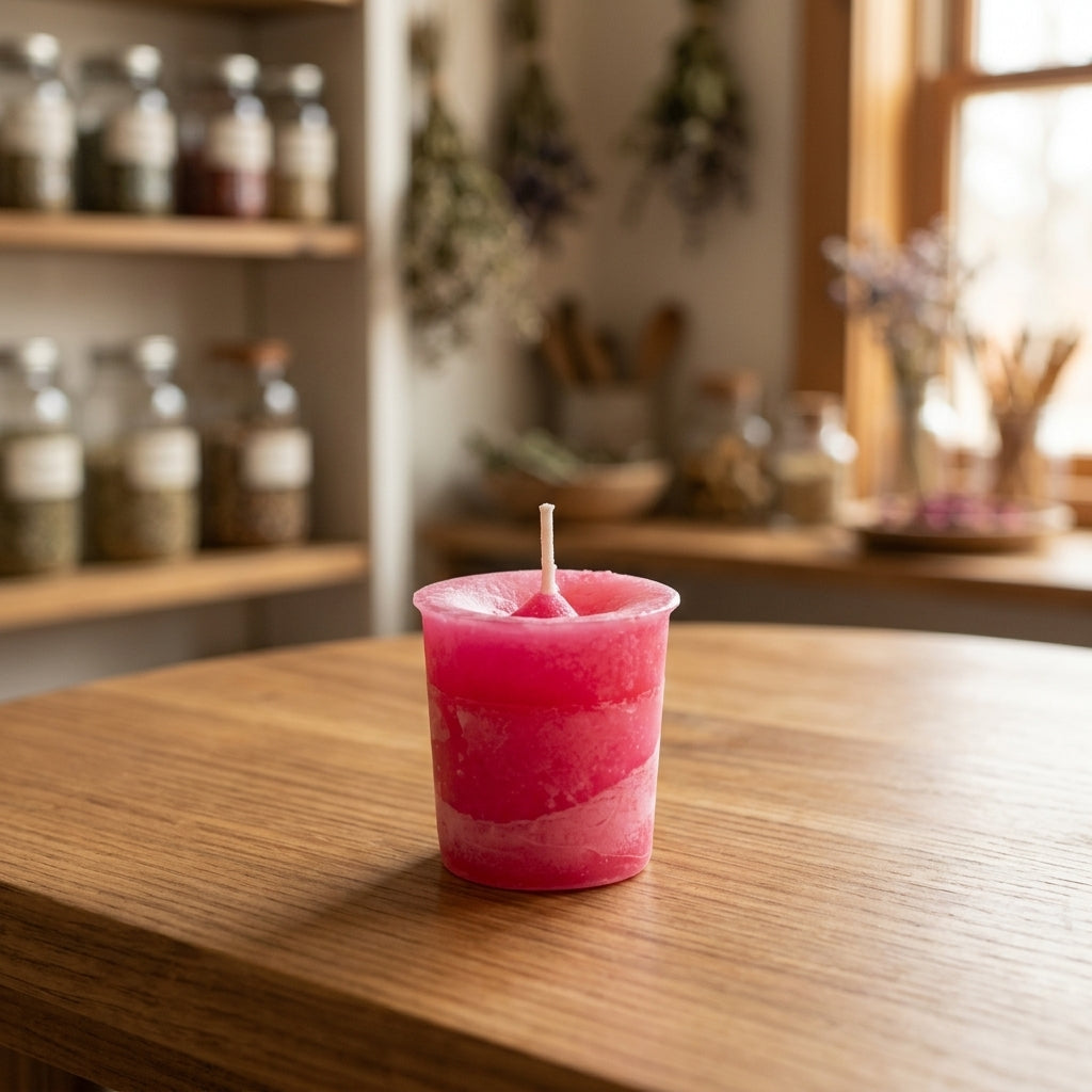 Close-up of a bright pink Love Herbal Votive Candle on a wooden surface, highlighting herbal infusion and soft glow.