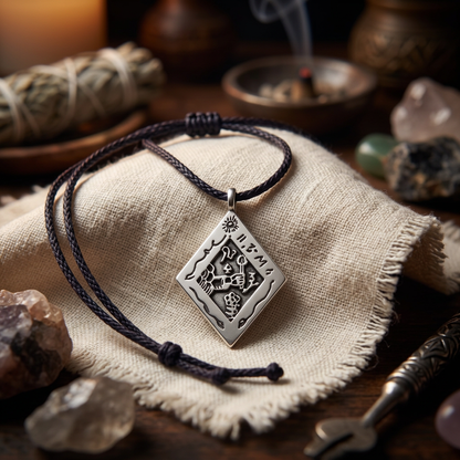 Highly detailed close-up of Discover Treasures Amulet hanging from a cord over rustic fabric in a softly lit sacred space.