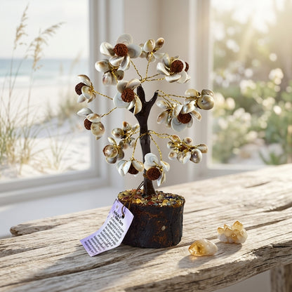 Detailed close-up of Good Luck Tree with shells and Rudraksha beads, highlighting textures and craftsmanship.