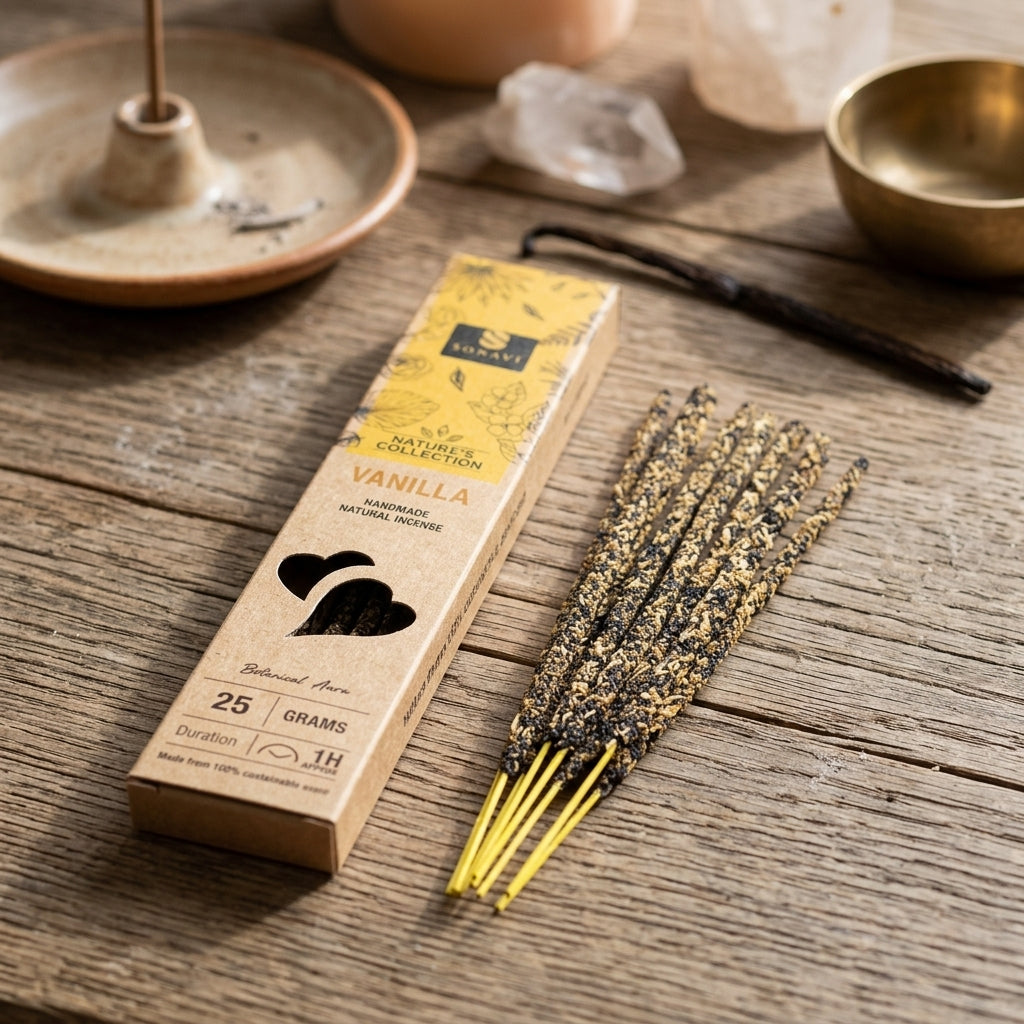Tiny handcrafted vanilla incense stick on rustic wood, showcasing botanical textures in warm natural daylight.