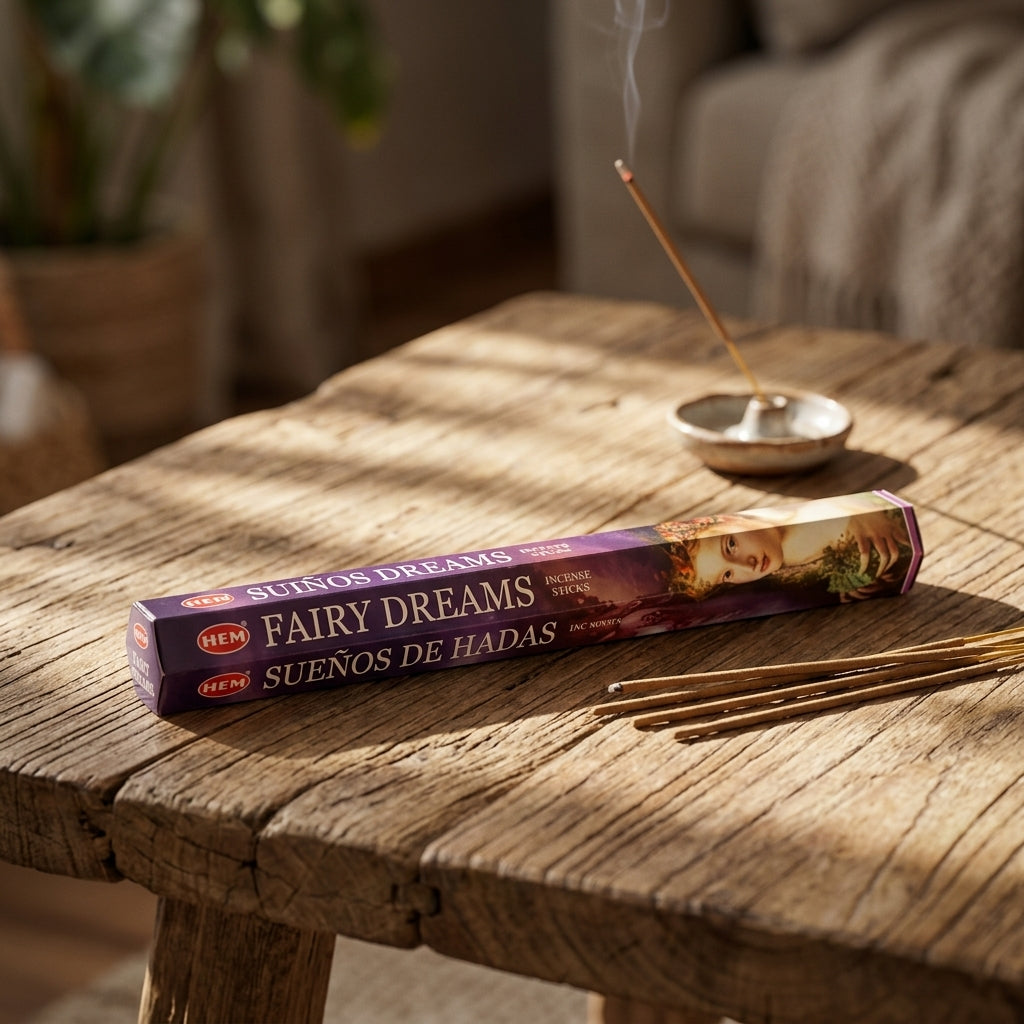 Close-up of a jasmine and honey scented incense stick with detailed cone on wooden surface, with blurred earthy background.