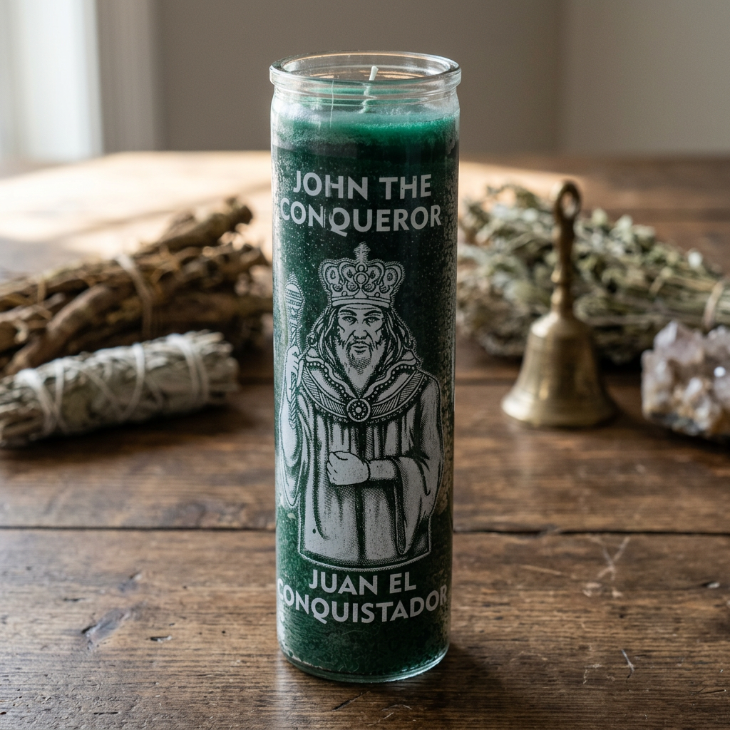 Close-up of John the Conqueror Green Jar Candle highlighting the textured herbal label and detailed glass on a rustic wooden table.