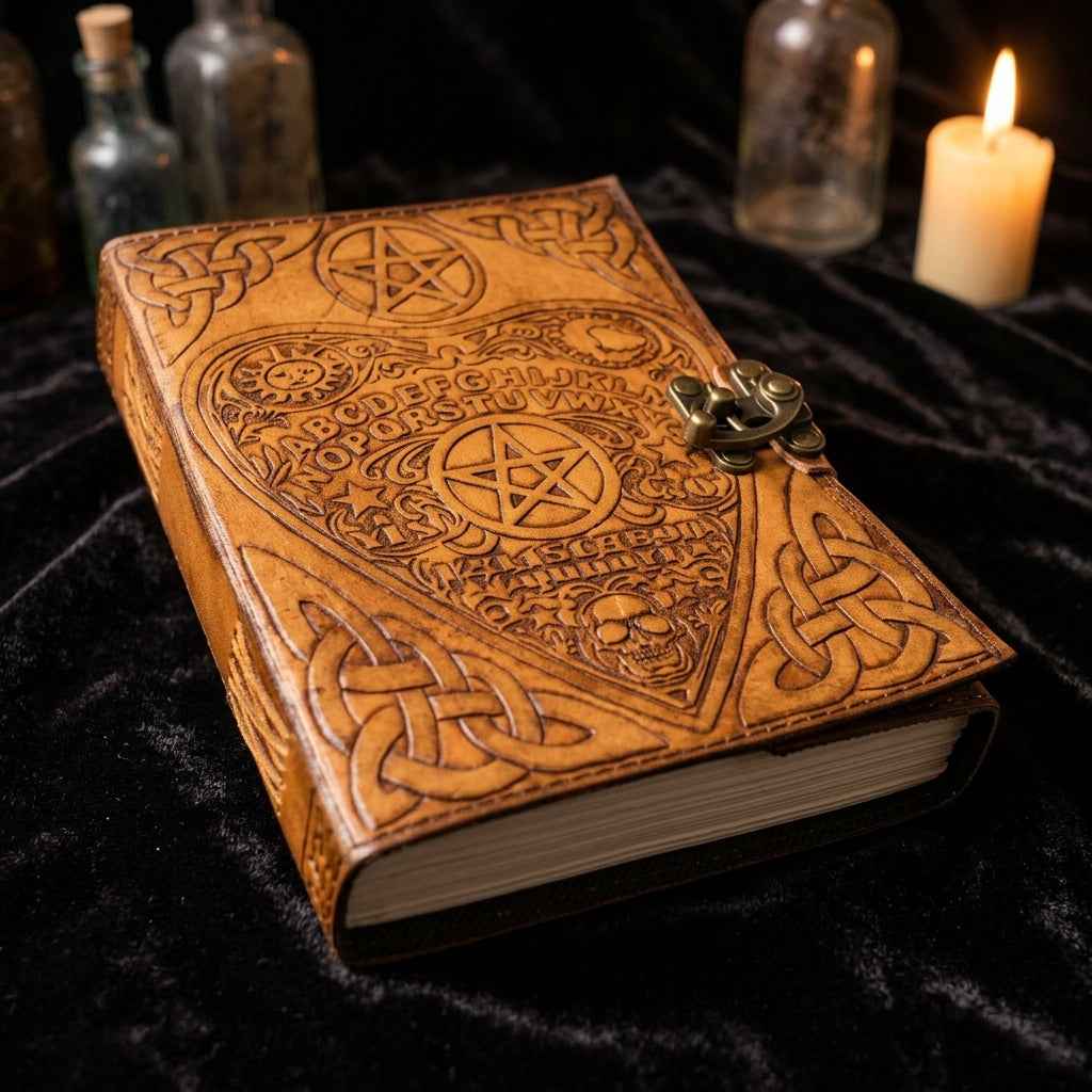 Ouija Board Planchette Leather Journal with Latch, 6" × 8"