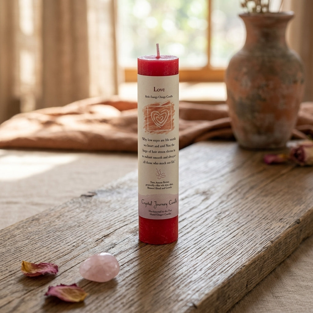 Detail shot of a small red Love Reiki Charged Pillar Candle with textured surface on natural wood, serene natural background.