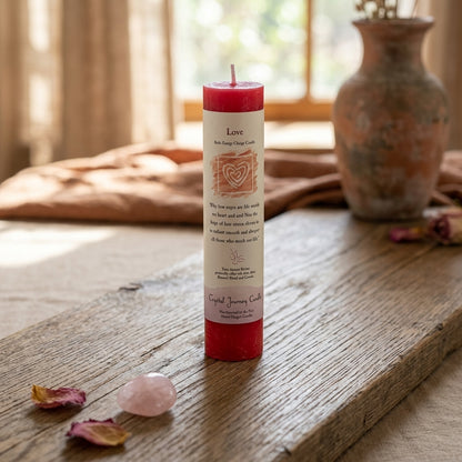 Detail shot of a small red Love Reiki Charged Pillar Candle with textured surface on natural wood, serene natural background.