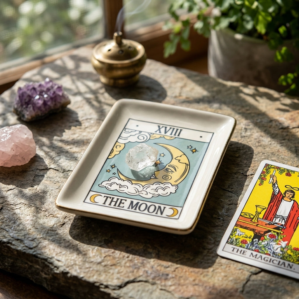 Detailed image of a small moon tarot dish with gold rim on a textured stone surface in a serene meditation corner