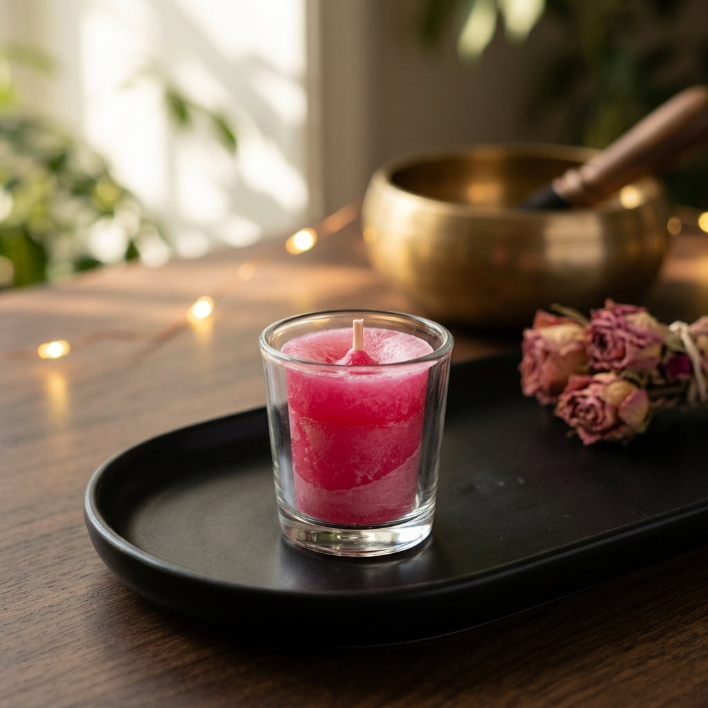 Close-up of a tiny pink Love Herbal Votive Candle on a modern black tray in a cozy, tranquil interior.