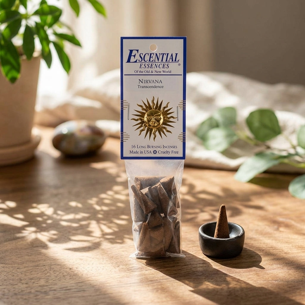 Close-up of a Nirvana Incense Cone in a simple holder on wooden surface, highlighting micro-textures and subtle fragrance particles in natural sunlight.