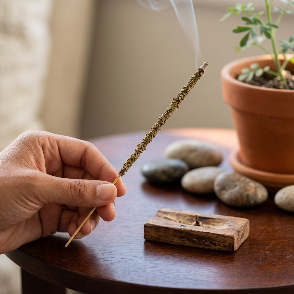 Close-up of Rue Leaf incense stick held between fingers in sacred space emphasizing herbal micro-texture.