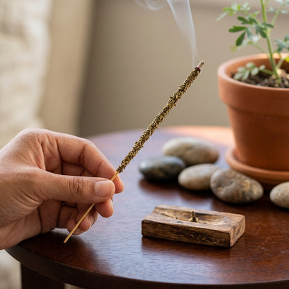 Close-up of Rue Leaf incense stick held between fingers in sacred space emphasizing herbal micro-texture.