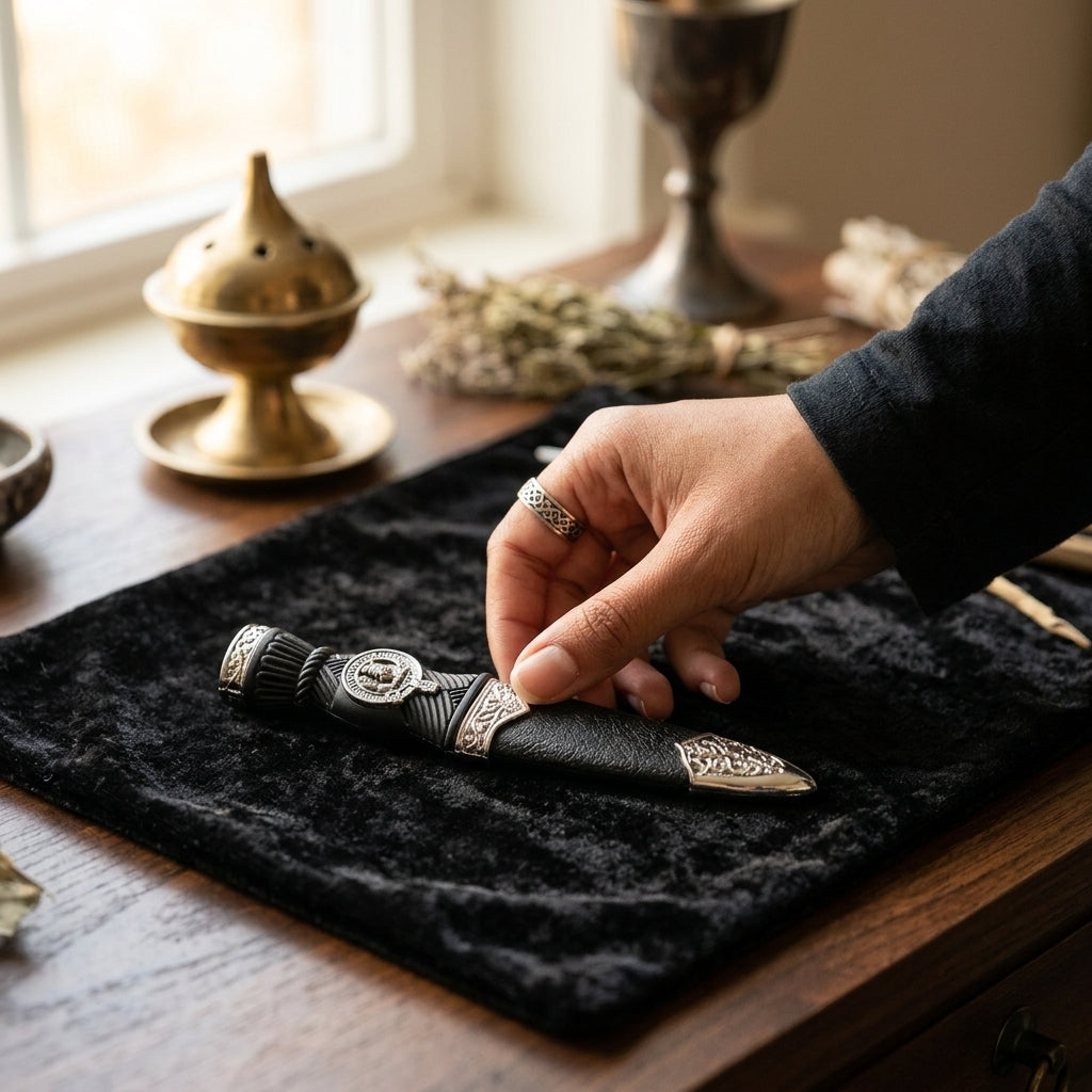 Close-up of a petite sgian dubh Scottish athame with black handle on black velvet, highlighting blade details and textured handle.