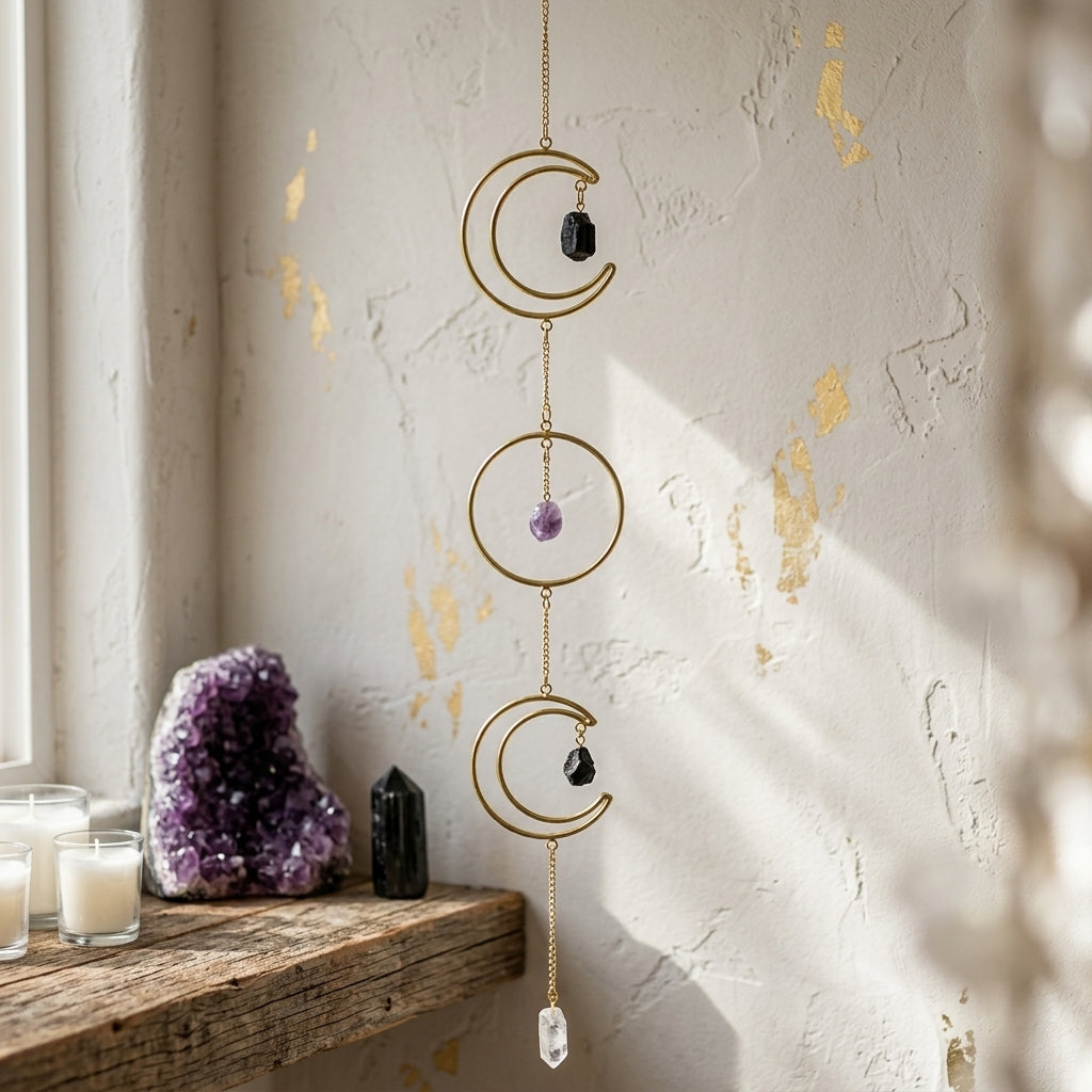 Detailed close-up of the triple moon wreath with stones, showcasing polished surfaces and natural textures on a neutral background.