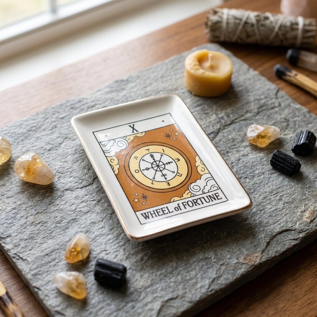 Photorealistic close-up of the Wheel of Fortune Tarot Dish showcasing ceramic surface, gold accents, and intricate wheel design on neutral stone background.