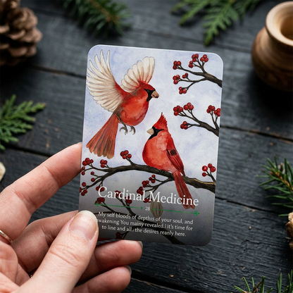 Close-up of a single Yule Oracle card from Seasons of the Witch deck, held delicately over a dark surface, highlighting artwork and textures.