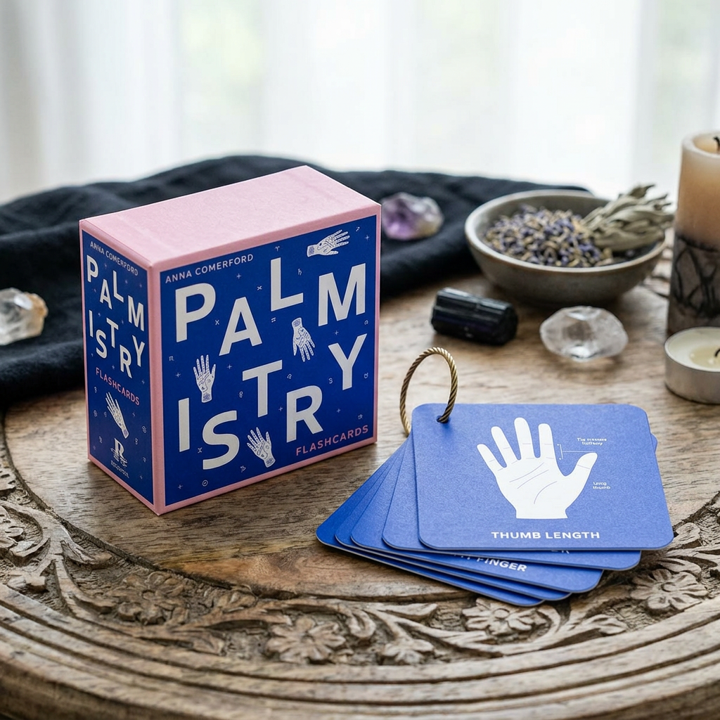 Detailed macro view of a single Palmistry Flashcard by Anna Comerford held in a hand, showing intricate illustrations and keywords with soft lighting.
