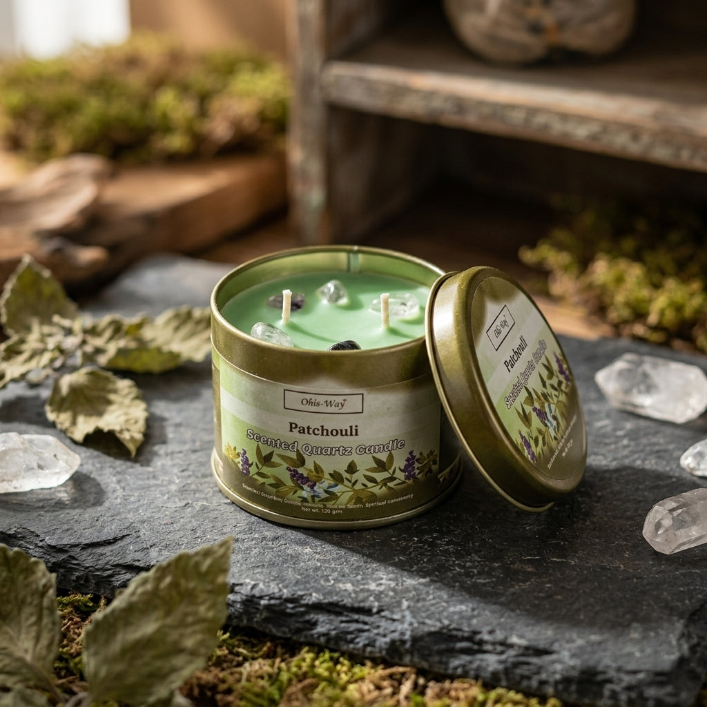 Close-up of small Patchouli Candle with embedded quartz chips on a dark stone surface with soft lighting.