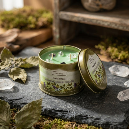 Close-up of small Patchouli Candle with embedded quartz chips on a dark stone surface with soft lighting.