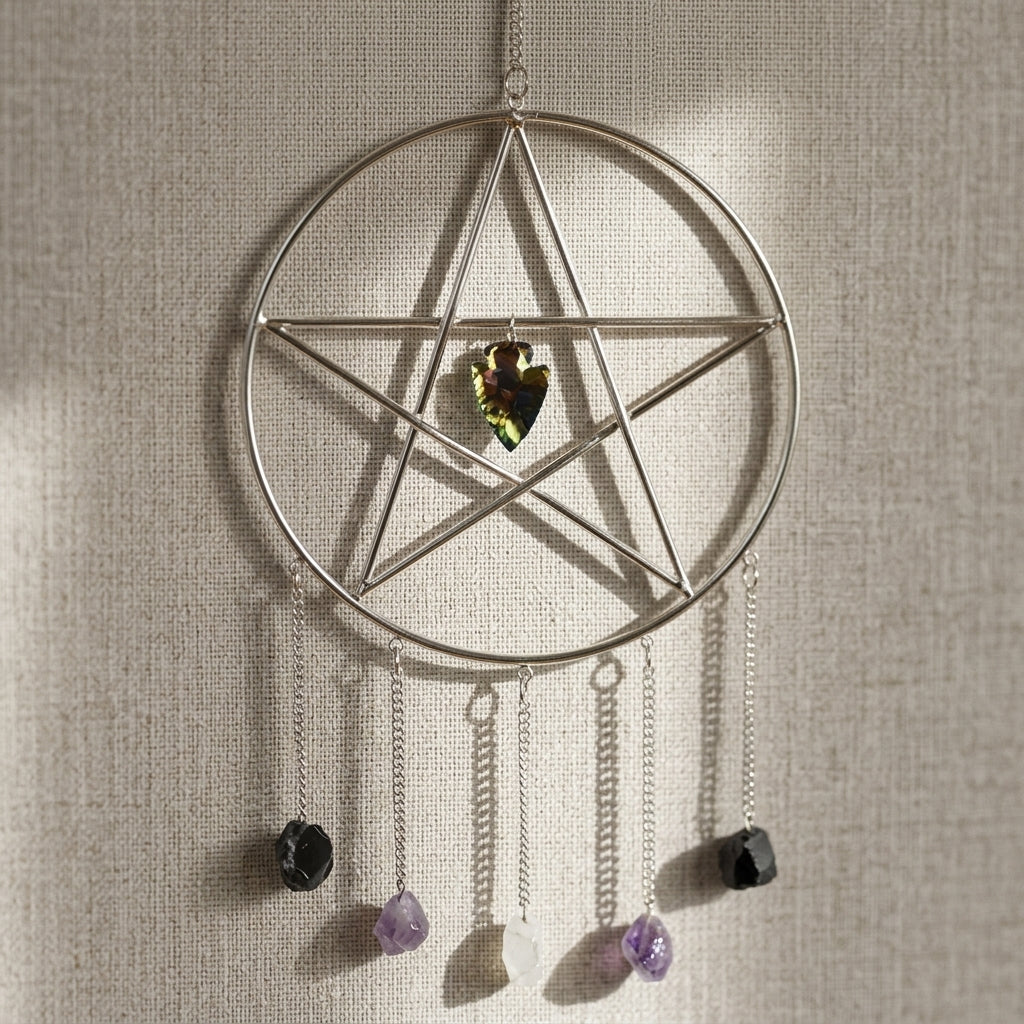 Close-up of pentagram wall hanging with stones against a neutral textured fabric background, showcasing micro-texture and sparkle.