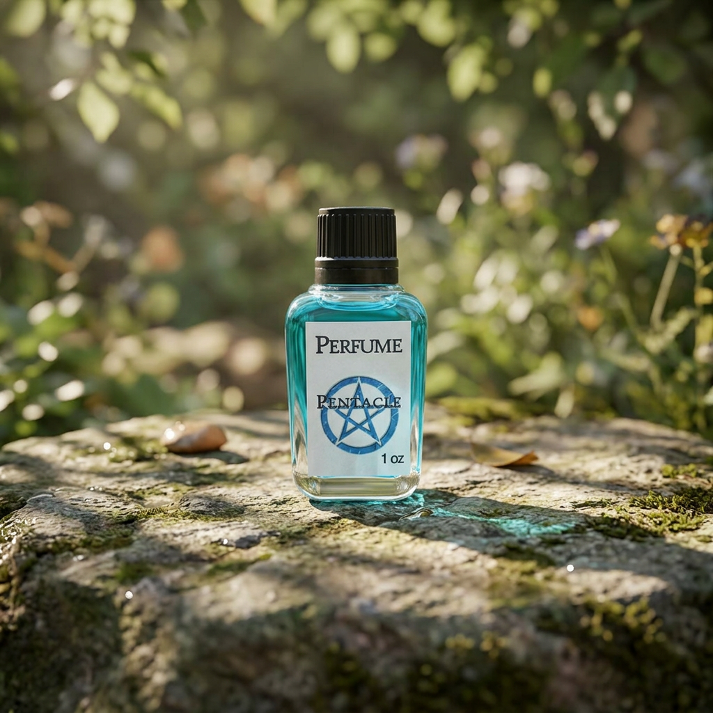 Close-up of the 1oz Pentacle perfume bottle on natural stone in a garden, showcasing textured glass and engraved pentacle cap in sunlight.