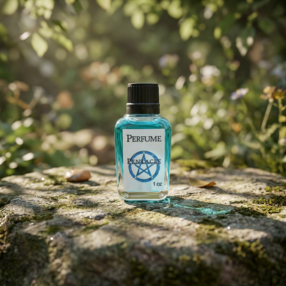 Close-up of the 1oz Pentacle perfume bottle on natural stone in a garden, showcasing textured glass and engraved pentacle cap in sunlight.