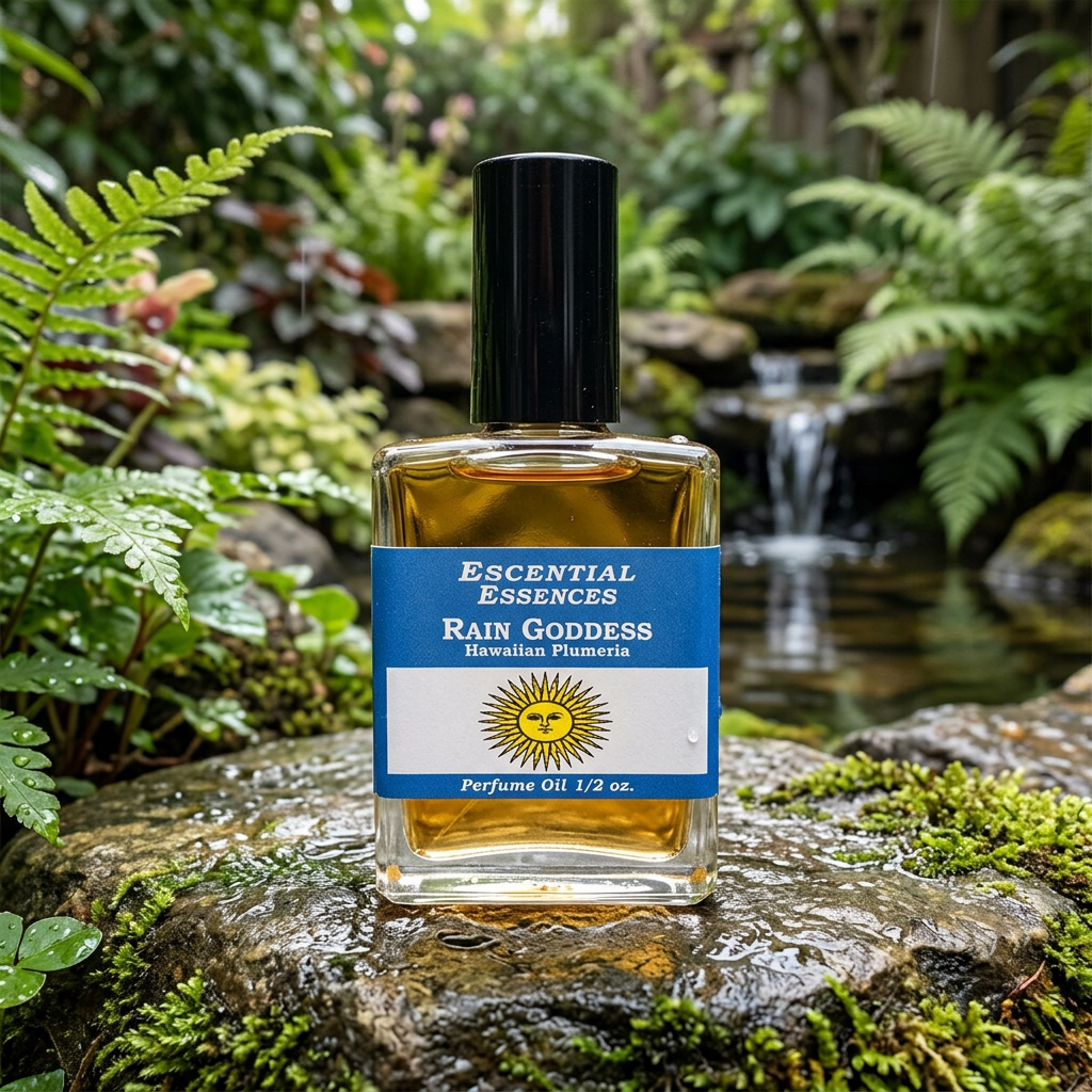 Ultra-detailed scene of Rain Goddess perfume oil bottle on natural stone with garden background, highlighting textured glass and refreshing essence.