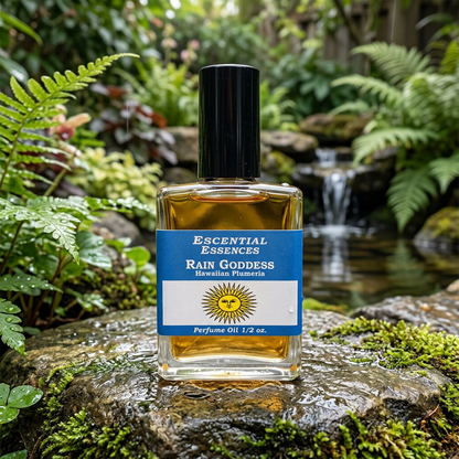 Ultra-detailed scene of Rain Goddess perfume oil bottle on natural stone with garden background, highlighting textured glass and refreshing essence.