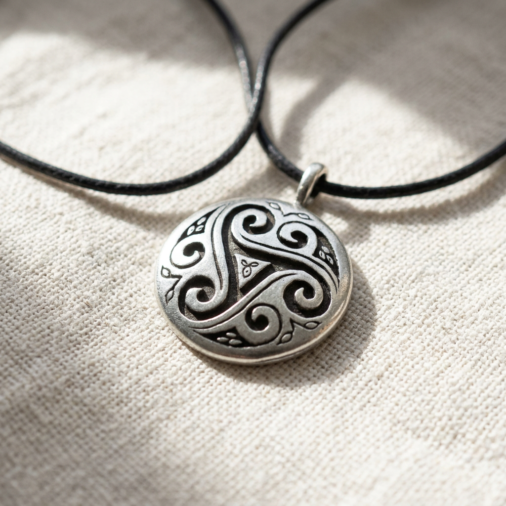 High-resolution close-up of pewter triskele shield amulet on white textured cloth, capturing fine lines, metallic details, and polished surface.