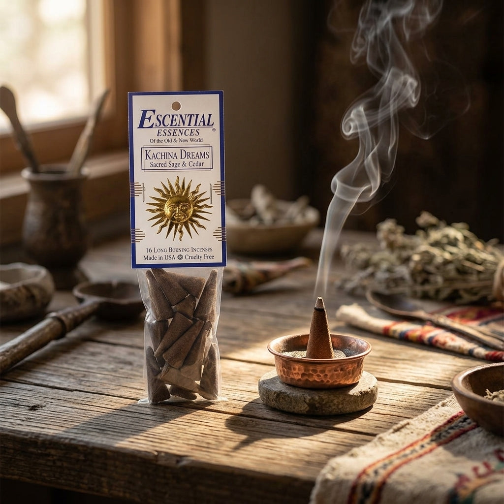 Close-up of a burning incense cone in a fireproof holder, with smoke trail and soft blurred background of ritual space elements.