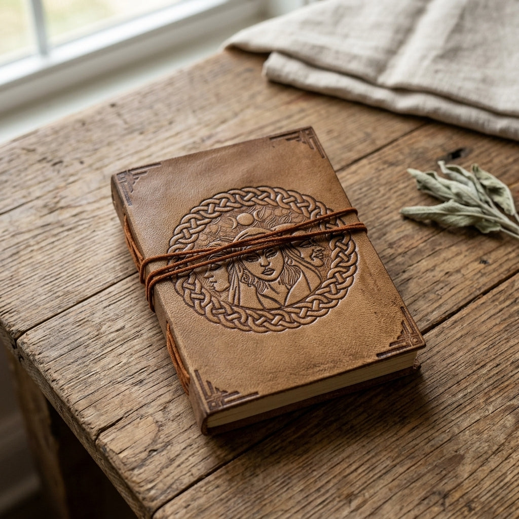 Photorealistic close-up of the embossed Triple Goddess Leather Journal on a wooden table, highlighting its textured leather surface and intricate goddess motif.