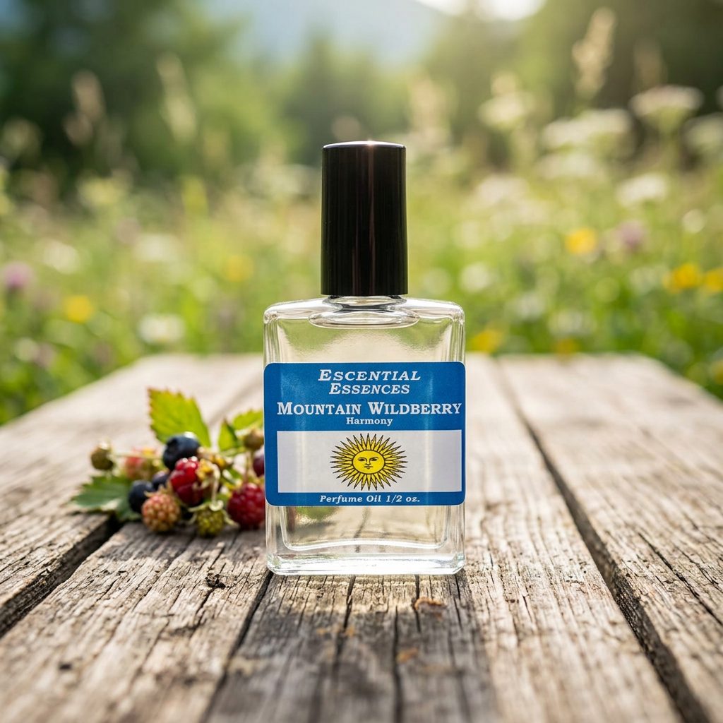 Close-up of Mountain Wildberry Perfume Oil bottle by Escential Essences, on rustic wood with lush greenery background, emphasizing elegance and clarity.