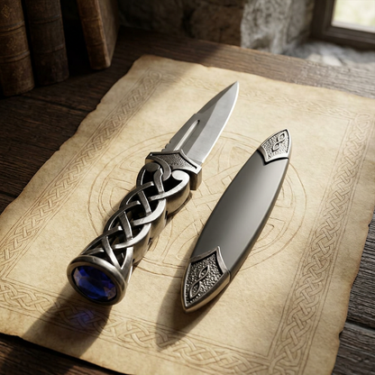 Artistic close-up of 8.5-inch Scottish athame handle with vivid blue ruby, polished steel finish, on old fabric with Scottish motif, emphasizing craftsmanship and heritage.