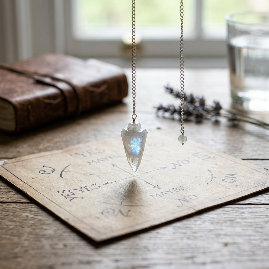 Close-up of a tiny Rainbow Moonstone Pendulum suspended in mid-air, displaying internal glow and shimmer with micro-texture details, set against a blurred green natural background.