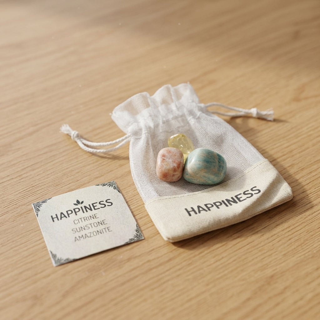 Close-up of a tiny Happiness Crystal Kit with Citrine, Sunstone, and Amazonite stones on a wooden surface, with a blurred 'HAPPINESS' bag and info card in the background.