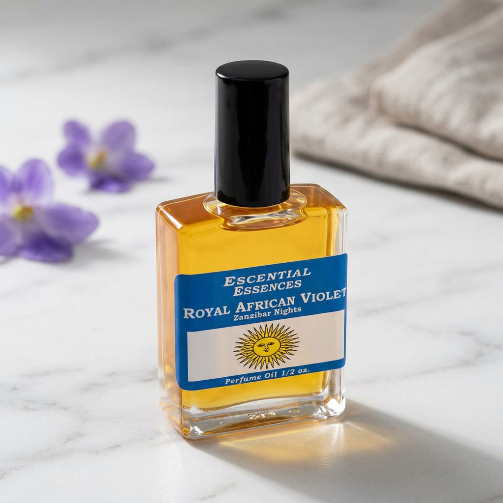 Detailed close-up of Royal African Violet perfume oil bottle with intricate glass and label, set on light-colored surface with natural lighting.
