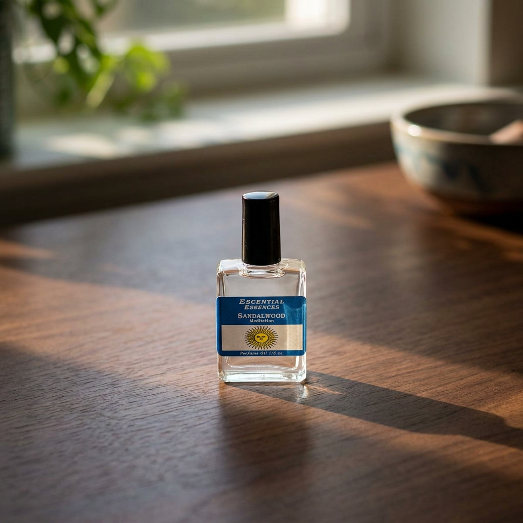 Close-up of 1/2oz sandalwood essential oil bottle on dark wood with natural sunlight highlighting amber hue and glass details.
