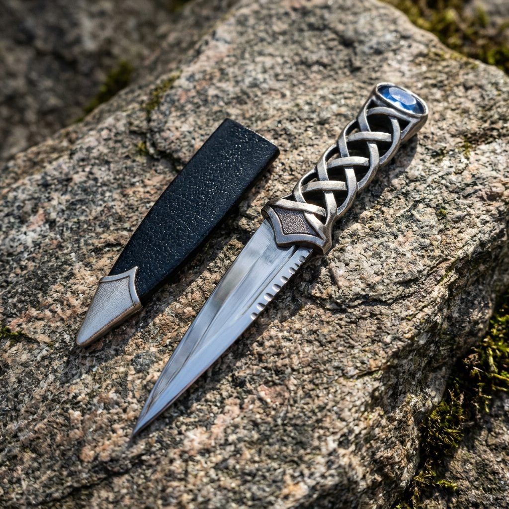 Detailed close-up of Scottish Highlander Athame highlighting braided steel handle, blue faux gem, and craftsmanship on smooth stone surface.