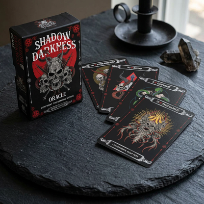 Detailed close-up of the Shadow of Darkness Oracle deck on black stone surface, emphasizing fine artwork, embossing, and dark, rebellious vibe.
