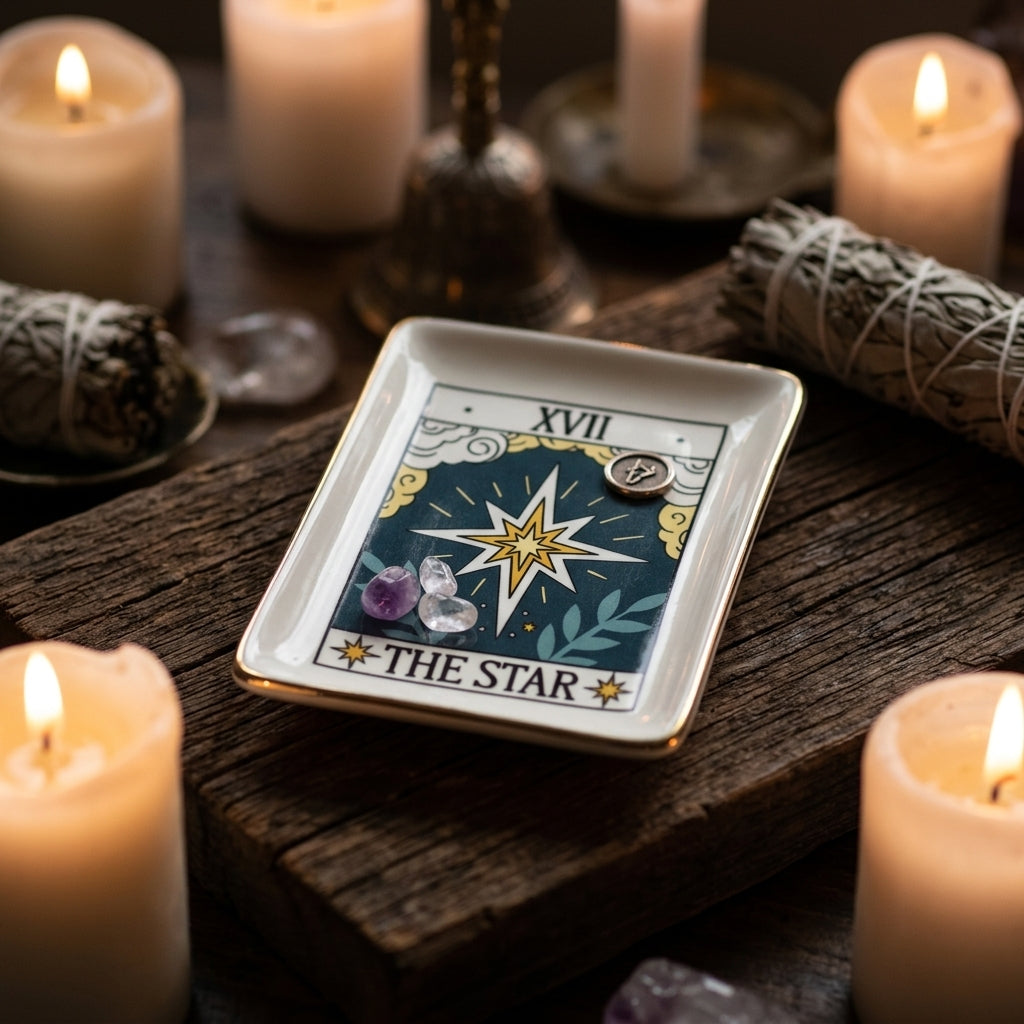 Close-up of Star Tarot Dish with crystals on candlelit altar, highlighting gold edging and spiritual ambiance.