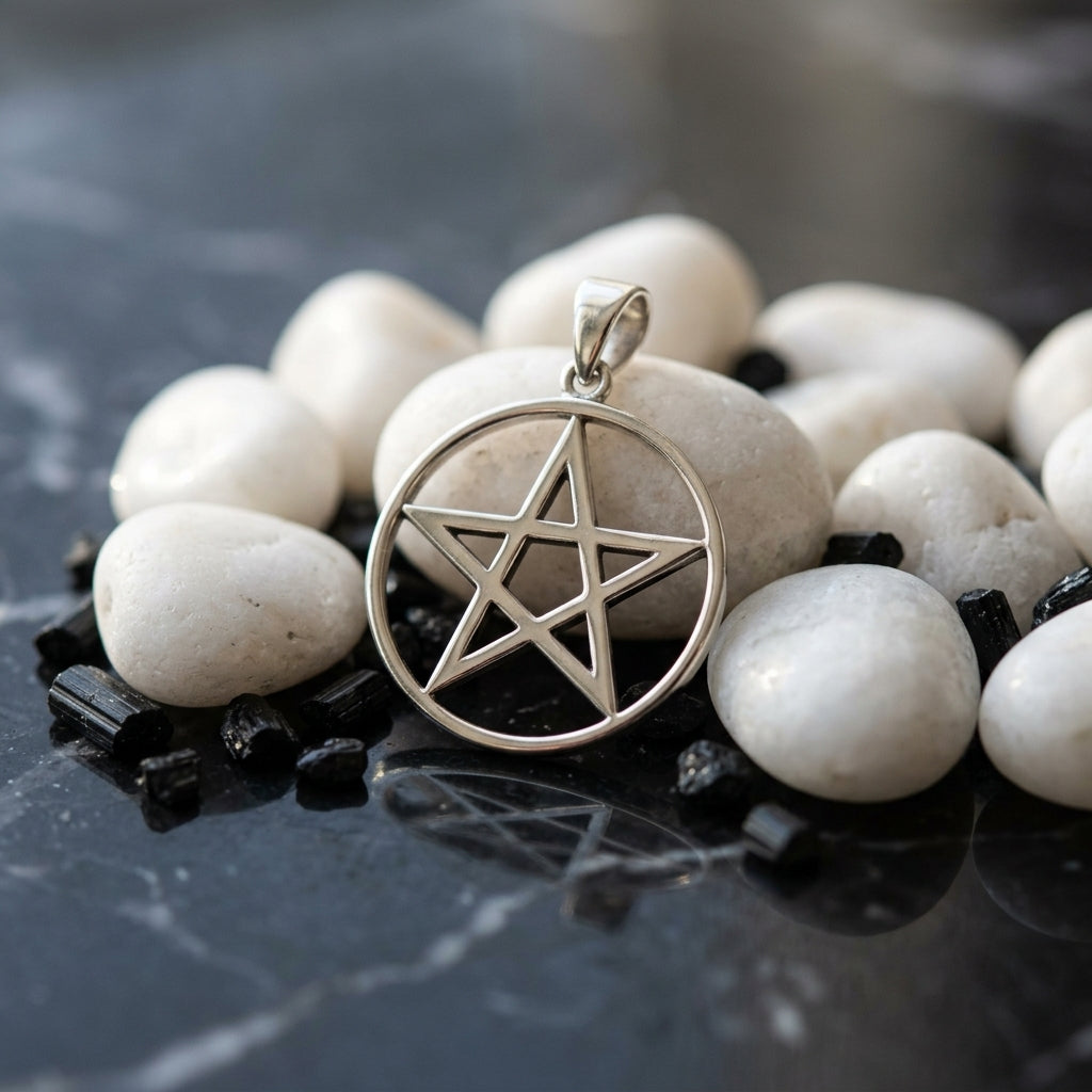 Miniature sterling silver pentagram pendant nestled among white stones on dark marble, emphasizing delicate symbol details.