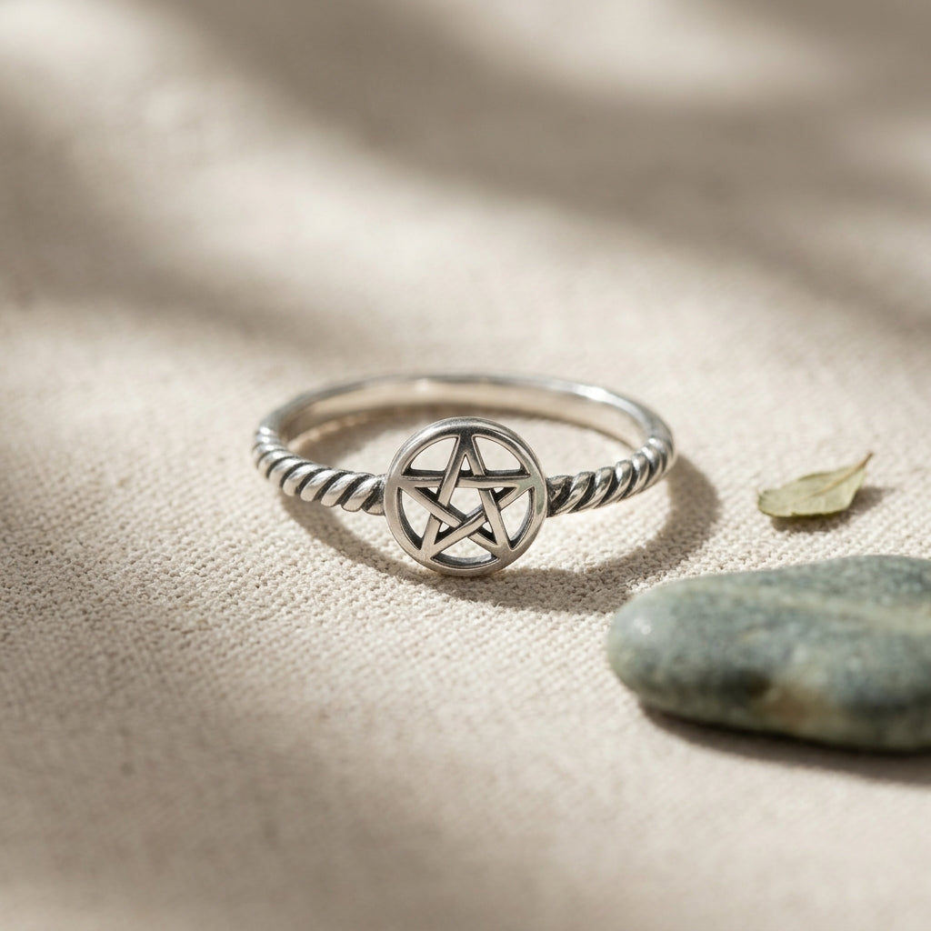 Mini sterling silver pentagram ring size 5 on textured cloth, with natural light enhancing micro-details and emphasizing protective symbolism.