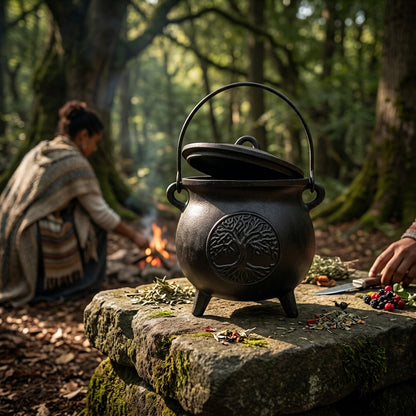 Close-up of embossed Tree of Life cast iron cauldron on stone altar, in a forest clearing with dappled sunlight highlighting craftsmanship.